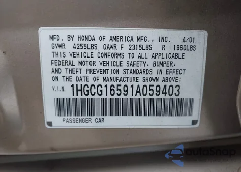 2001 Honda Accord 3.0 Ex from USA, damaged, VIN 1HGCG16591A059403